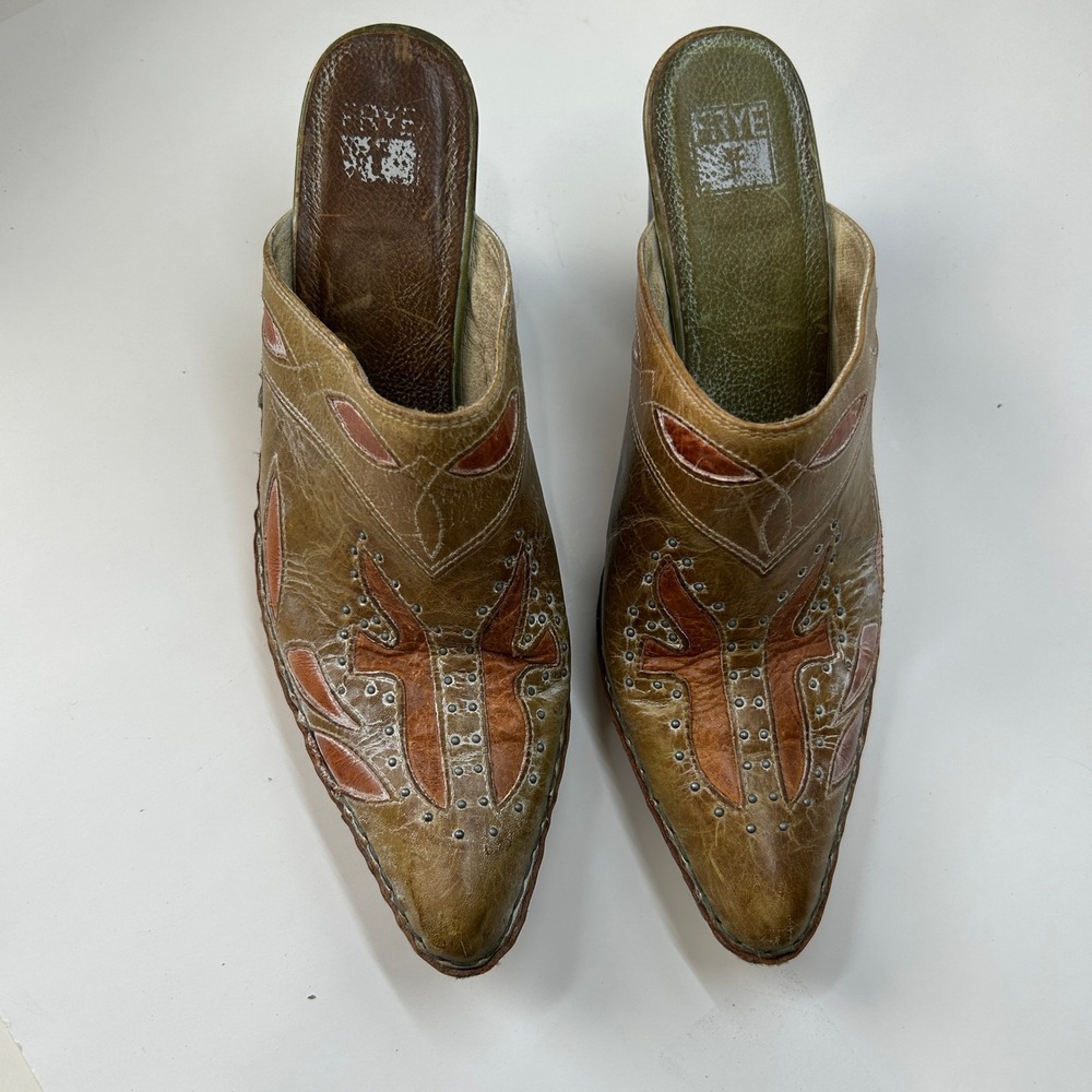 Frye Vintage Western Leather Mules Studded Pointed Toe Clogs Olive Tan 10M F403 - Picture 2 of 11